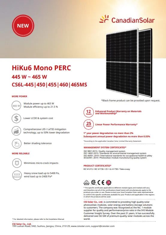 Panou Solar Fotovoltaic Monocristalin Canadian Solar 455 Wp, CS6L-455MS, HALF-CUT, PERC, HiKu - Taggo.ro