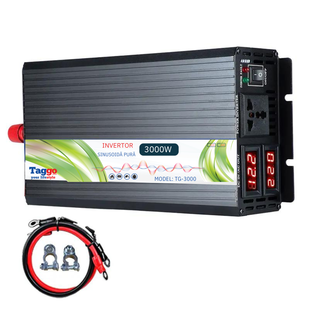 Invertor 3000W 12V – 220 V auto si panouri solare SINUS PUR, unda pura rulota, casa, cabana
